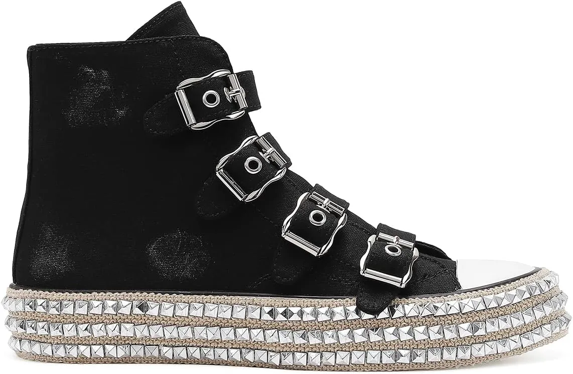 Womens Buckle High-Top Canvas Sneakers Studded Rhinestone Side Shoes Buckle Fashion Shoes Casual Platform Boots