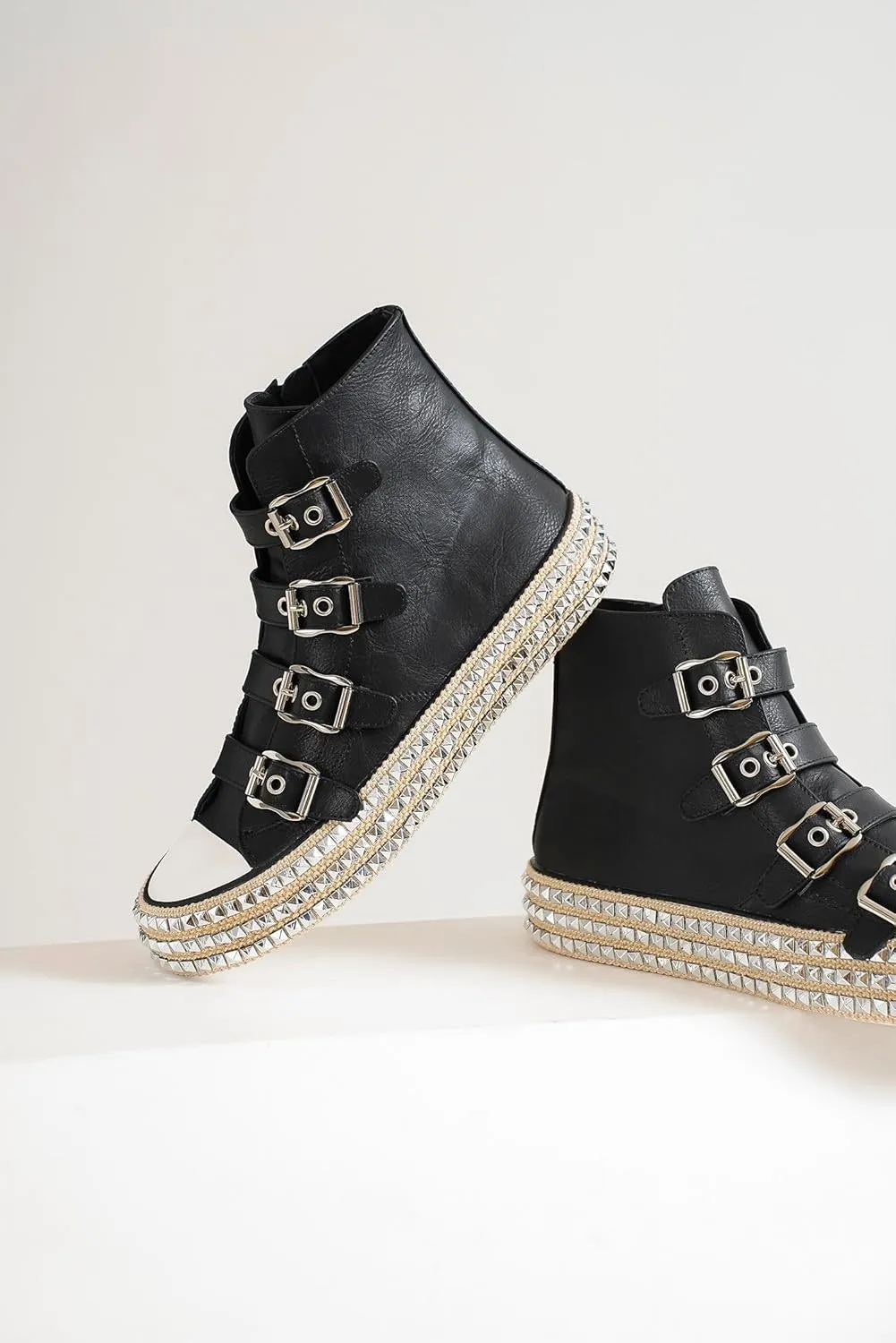 Womens Buckle High-Top Canvas Sneakers Studded Rhinestone Side Shoes Buckle Fashion Shoes Casual Platform Boots