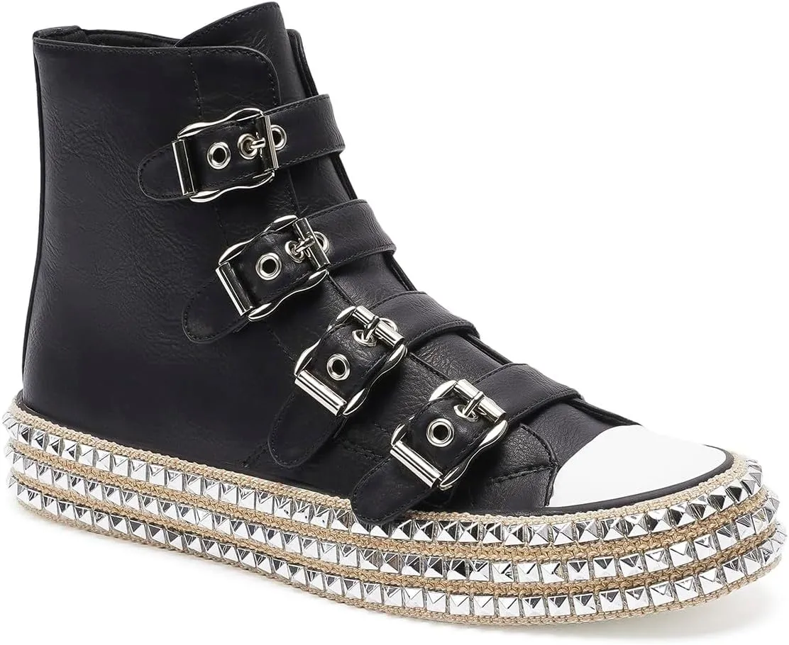 Womens Buckle High-Top Canvas Sneakers Studded Rhinestone Side Shoes Buckle Fashion Shoes Casual Platform Boots