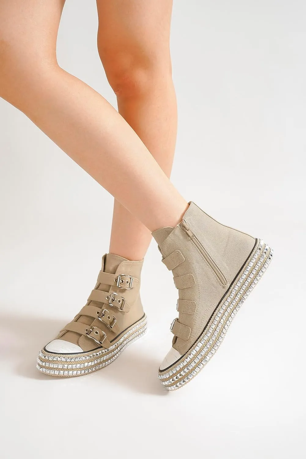 Womens Buckle High-Top Canvas Sneakers Studded Rhinestone Side Shoes Buckle Fashion Shoes Casual Platform Boots