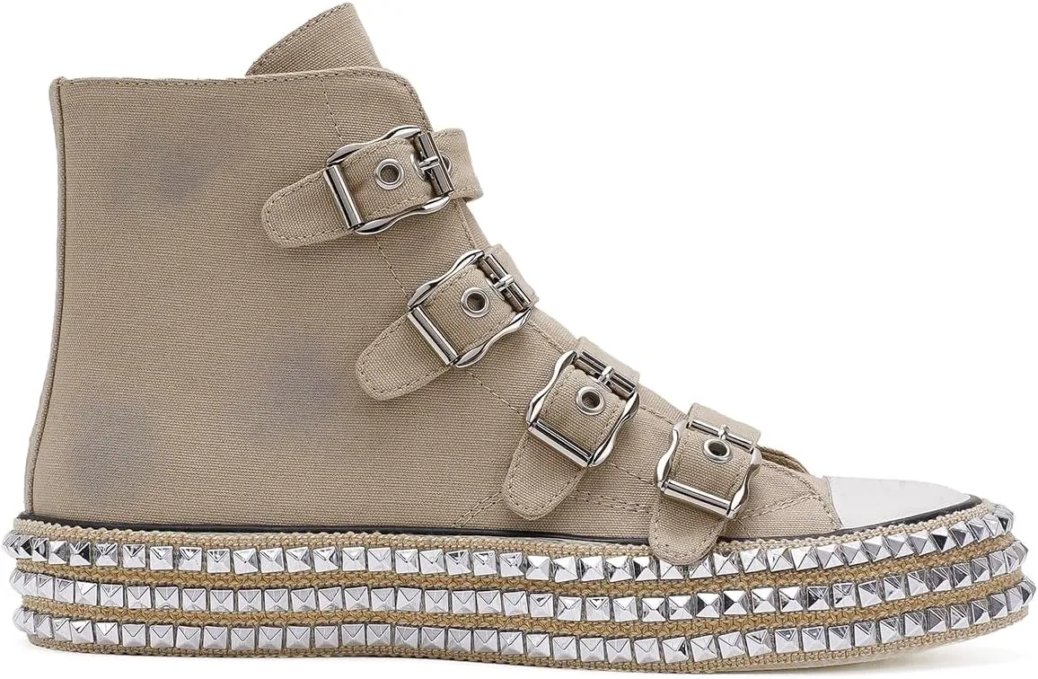 Womens Buckle High-Top Canvas Sneakers Studded Rhinestone Side Shoes Buckle Fashion Shoes Casual Platform Boots