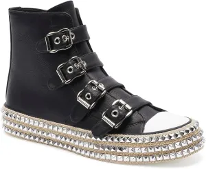 Womens Buckle High-Top Canvas Sneakers Studded Rhinestone Side Shoes Buckle Fashion Shoes Casual Platform Boots