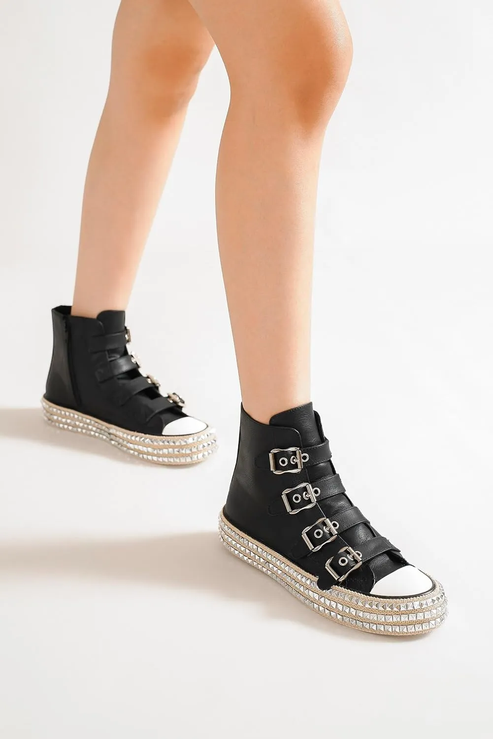 Womens Buckle High-Top Canvas Sneakers Studded Rhinestone Side Shoes Buckle Fashion Shoes Casual Platform Boots