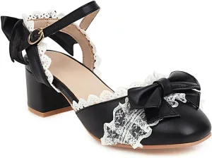 Women's Chunky Heel Square Toe Buckle Strap Bow tie Sweet Lace Bordered Lolita Pumps Slingbacks Cute Princess Shoes D'Orsay Sandals