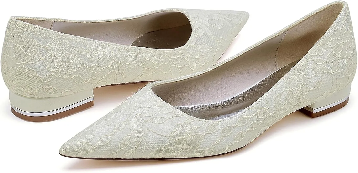 Women's Closed Toe Wedding Flats Satin Lace Bridal Shoes Comfortable Evening Prom Party Dress Slip-on Sandals