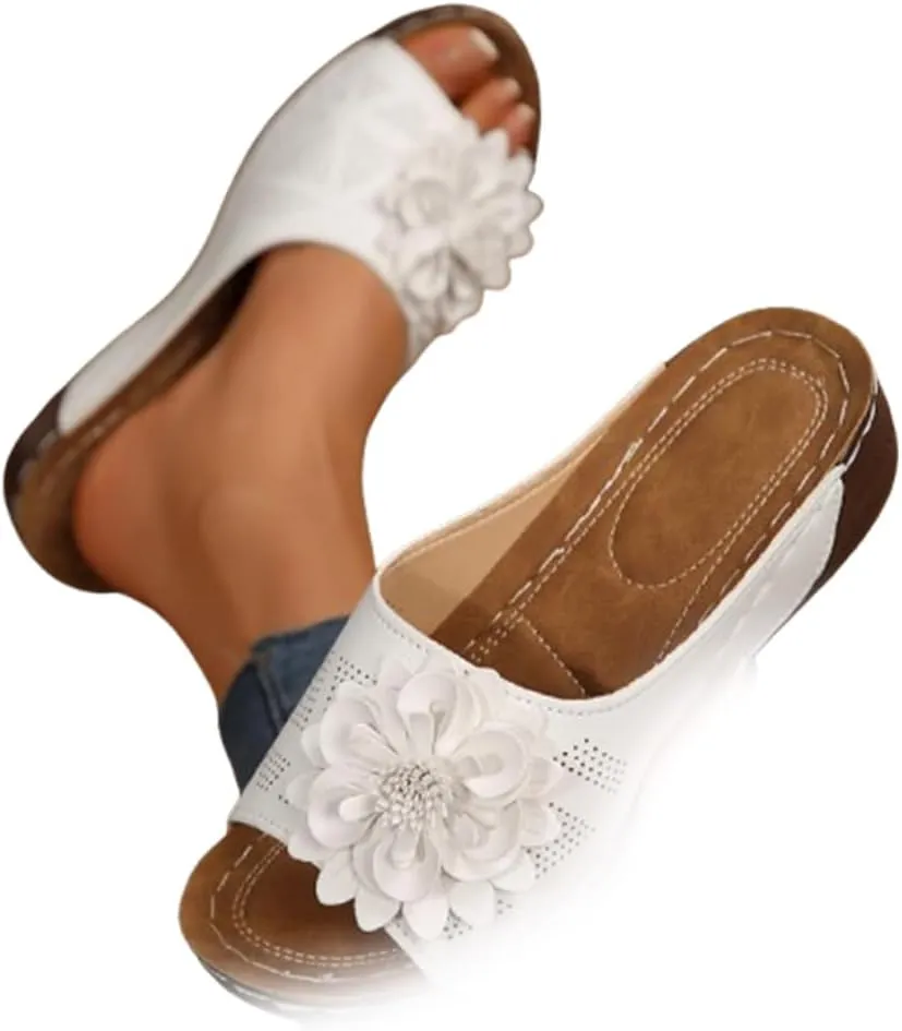 Womens Comfort Wedge Slide Sandals Open-Toe Low Heel Non-Slip Black, Casual Slip Arch Support Orthopedic Slides