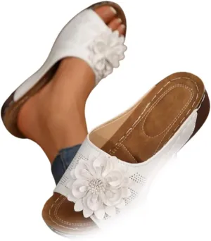 Womens Comfort Wedge Slide Sandals Open-Toe Low Heel Non-Slip Black, Casual Slip Arch Support Orthopedic Slides
