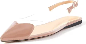 Women's Fashion Pointed Toe Heart Transparent PVC Slingback Flat Shoes Comfort Slip On Cap Toe Clear Ballet Flats Work Wedding Dress Flat Shoes for Women