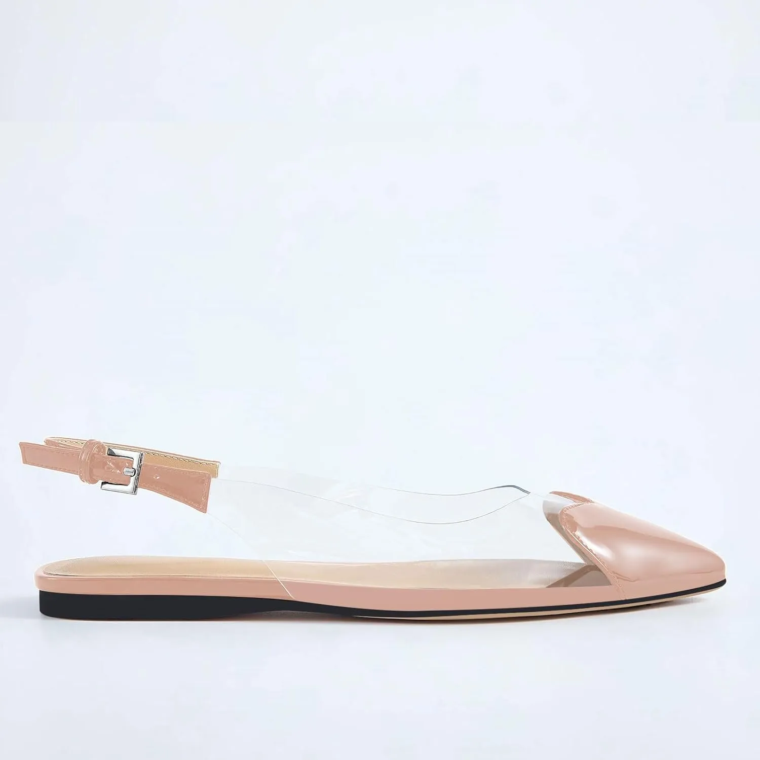 Women's Fashion Pointed Toe Heart Transparent PVC Slingback Flat Shoes Comfort Slip On Cap Toe Clear Ballet Flats Work Wedding Dress Flat Shoes for Women