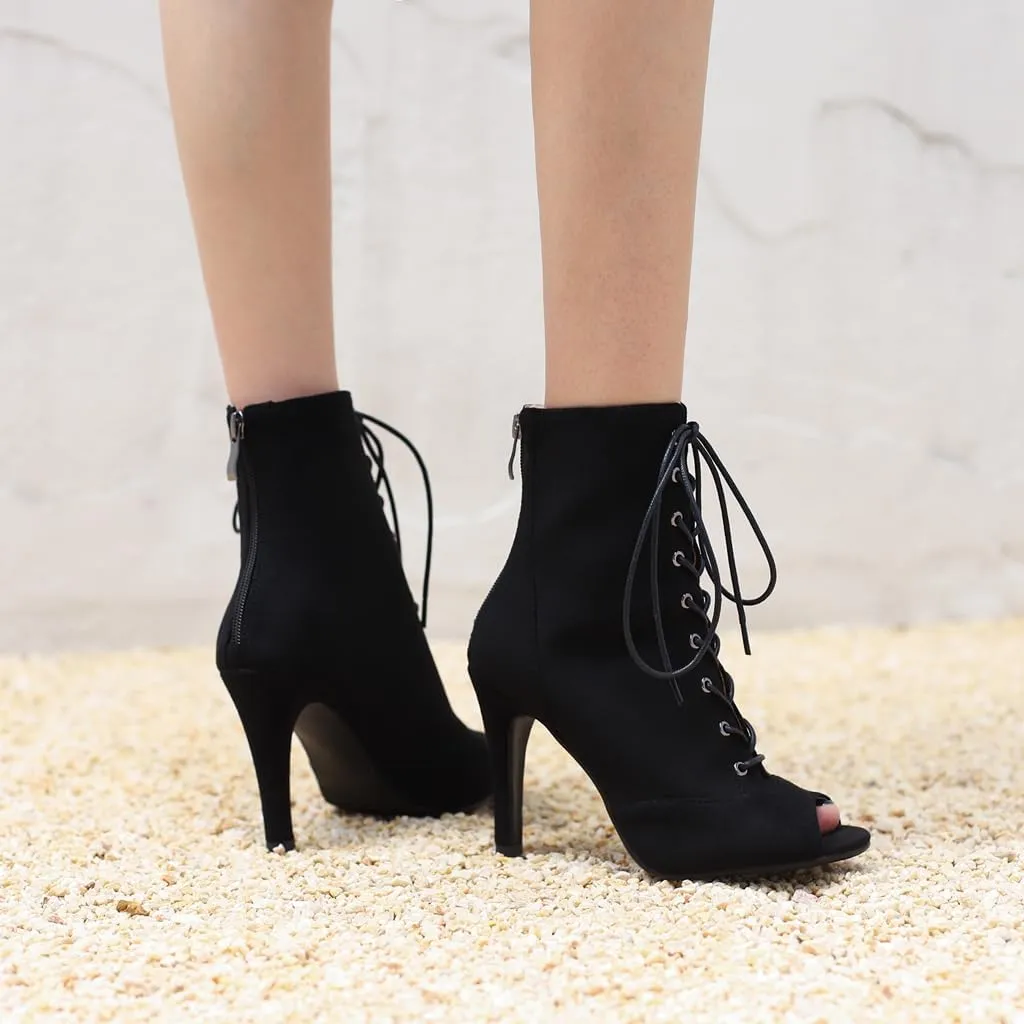 Women's Fashion Sexy Peep Toe High Heels Dressy Ankle Booties Lace Up Zip Dance Stilettos Heeled Sandals