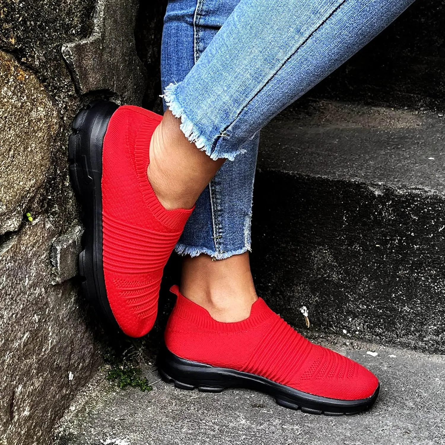 Womens Flat Slip On Sneakers Casual Walking Shoes Lightweight Canvas Comfortable Elastic Non Slip Loafers