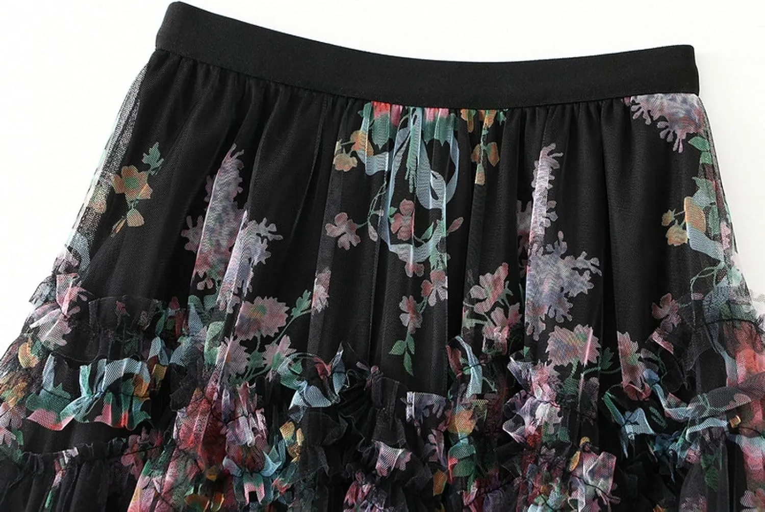 Womens Floral Tulle Skirts Retro Palace Mesh Tulle Skirt Layered Fairy A-line Mesh Skirts Party Wedding Ruffle Skirt