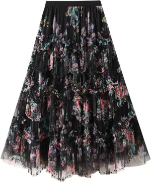Womens Floral Tulle Skirts Retro Palace Mesh Tulle Skirt Layered Fairy A-line Mesh Skirts Party Wedding Ruffle Skirt