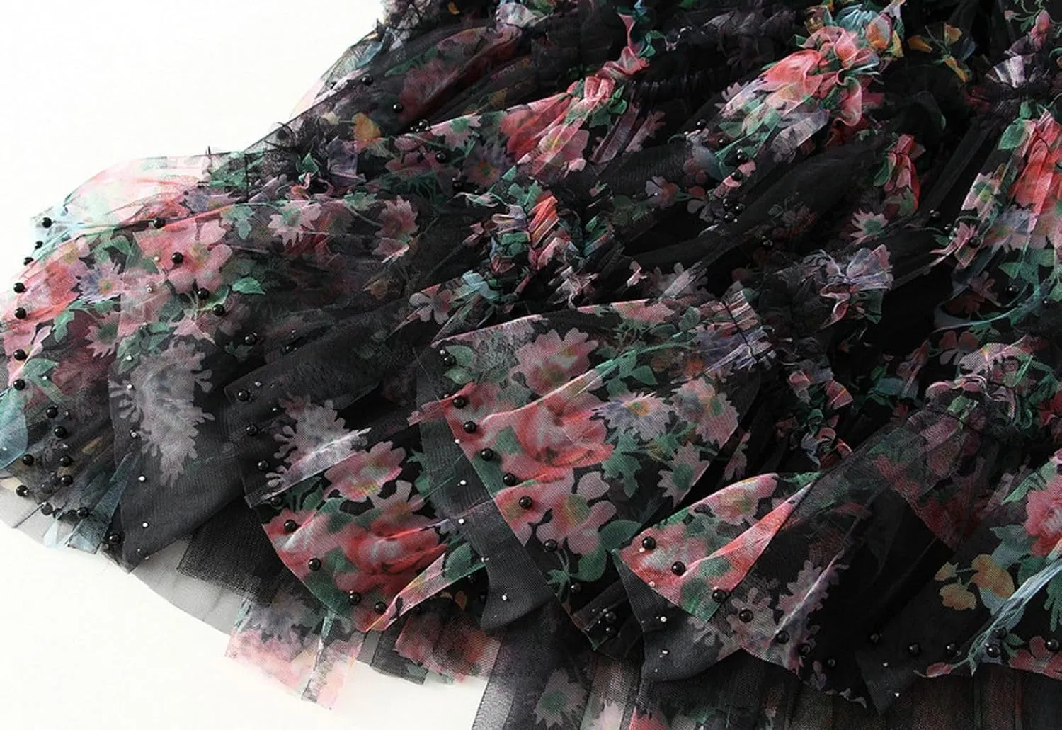 Womens Floral Tulle Skirts Retro Palace Mesh Tulle Skirt Layered Fairy A-line Mesh Skirts Party Wedding Ruffle Skirt
