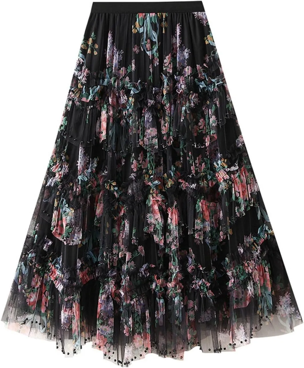 Womens Floral Tulle Skirts Retro Palace Mesh Tulle Skirt Layered Fairy A-line Mesh Skirts Party Wedding Ruffle Skirt