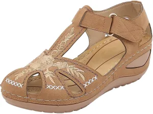 Womens Flower Embroidery Wedge Sandals Dressy Summer Comfort Closed Toe Hollow Hook&Loop Soft Sole Sandals Casual Indoor Outdoor Everyday Shoes