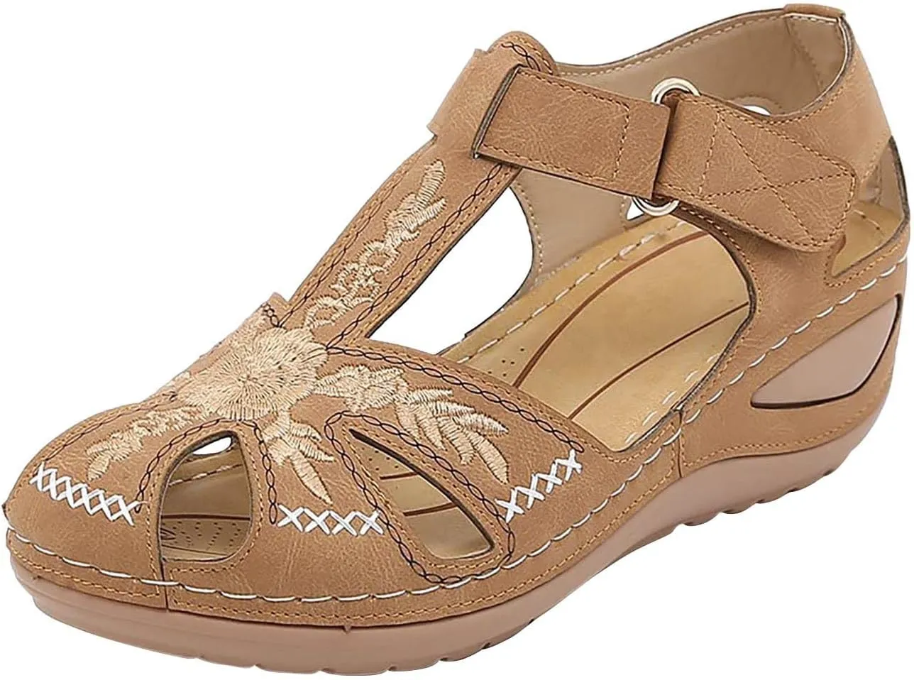Womens Flower Embroidery Wedge Sandals Dressy Summer Comfort Closed Toe Hollow Hook&Loop Soft Sole Sandals Casual Indoor Outdoor Everyday Shoes