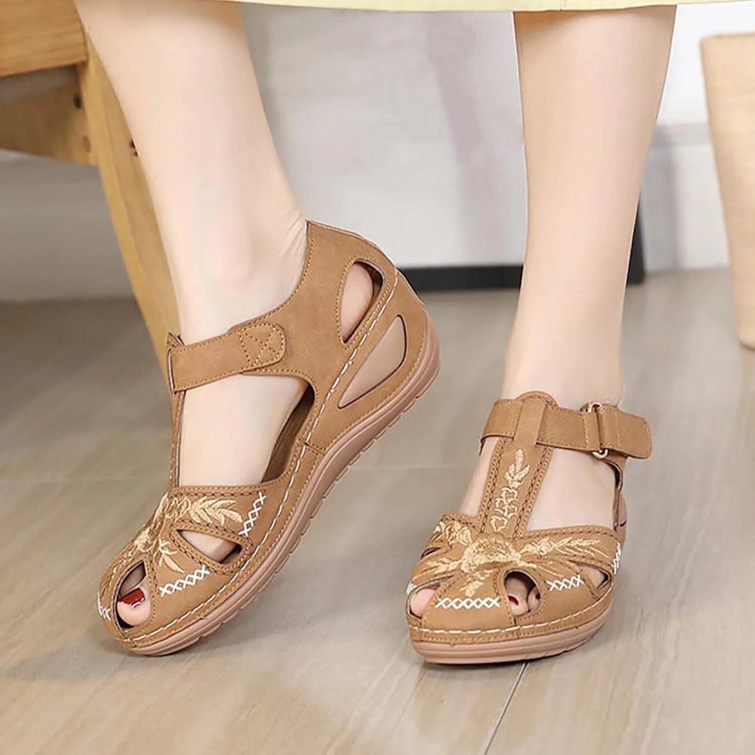 Womens Flower Embroidery Wedge Sandals Dressy Summer Comfort Closed Toe Hollow Hook&Loop Soft Sole Sandals Casual Indoor Outdoor Everyday Shoes