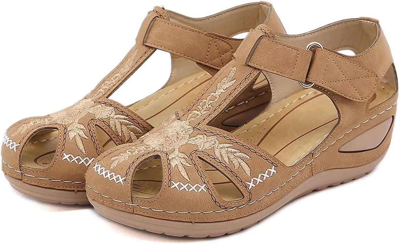 Womens Flower Embroidery Wedge Sandals Dressy Summer Comfort Closed Toe Hollow Hook&Loop Soft Sole Sandals Casual Indoor Outdoor Everyday Shoes