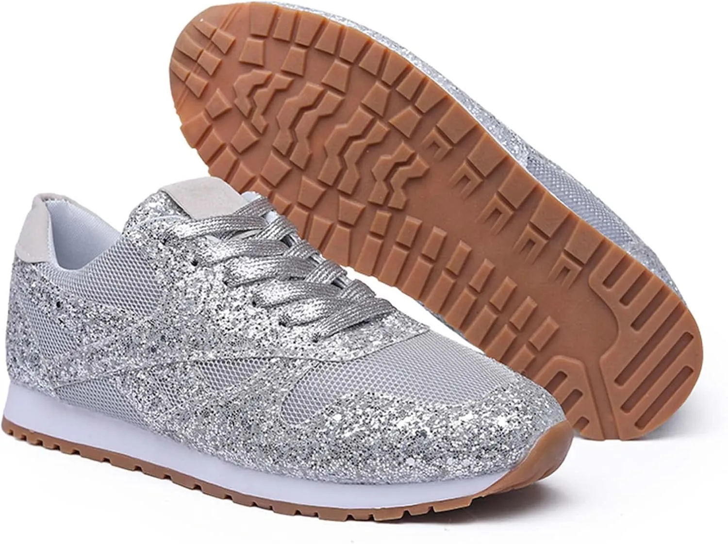 Women's Glitter Sneakers Lace up Casual Flat Sparkle Walking Shoes