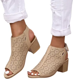 Womens Heeled Cutout Booties Summer Peep Toe Ankle Strap Chunky Heel Sandals Fashion Mid Block Heel Sandals for Women