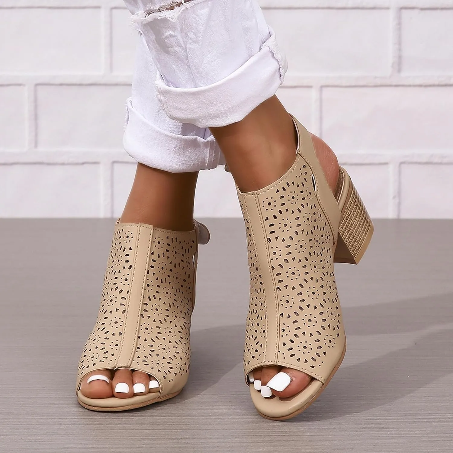 Womens Heeled Cutout Booties Summer Peep Toe Ankle Strap Chunky Heel Sandals Fashion Mid Block Heel Sandals for Women