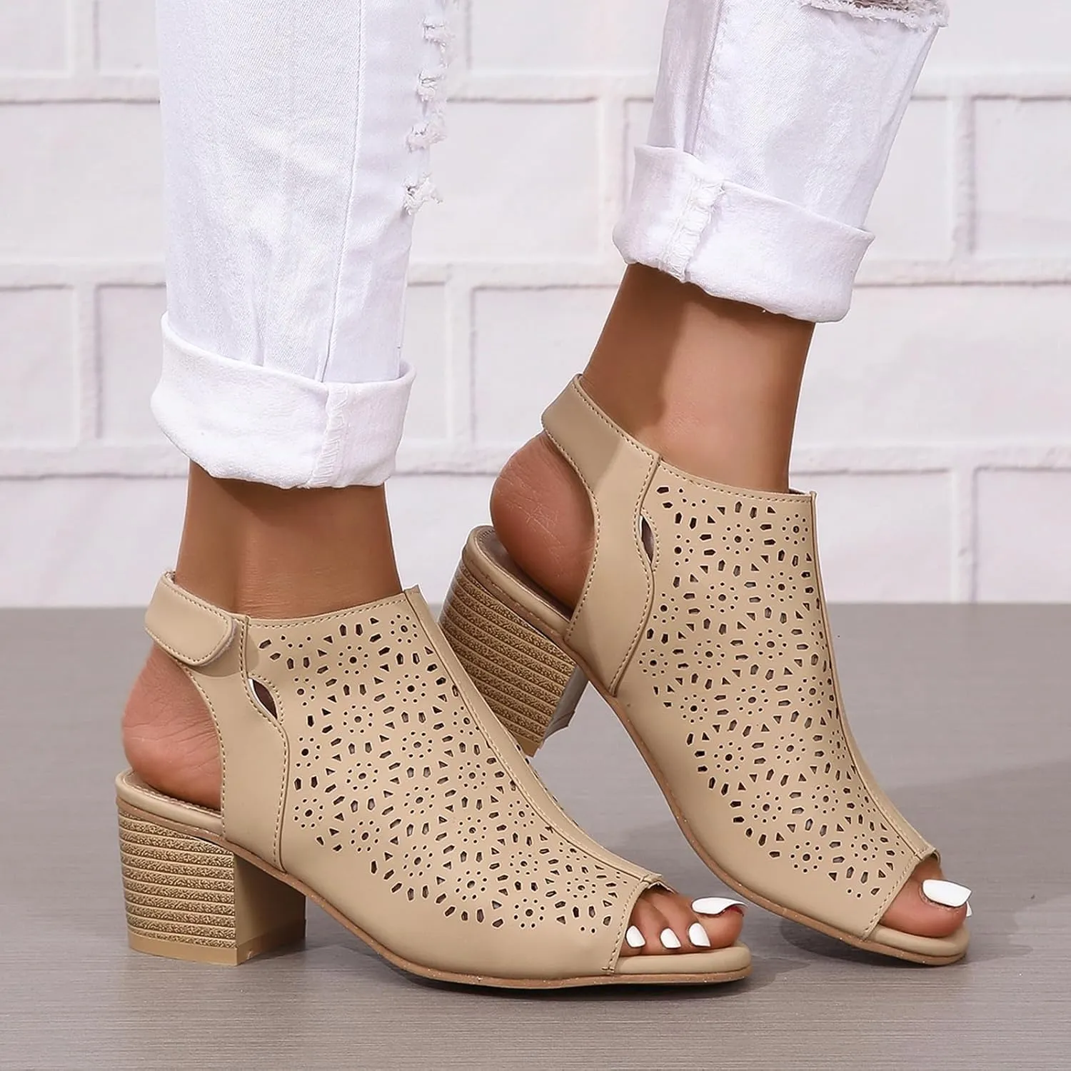 Womens Heeled Cutout Booties Summer Peep Toe Ankle Strap Chunky Heel Sandals Fashion Mid Block Heel Sandals for Women