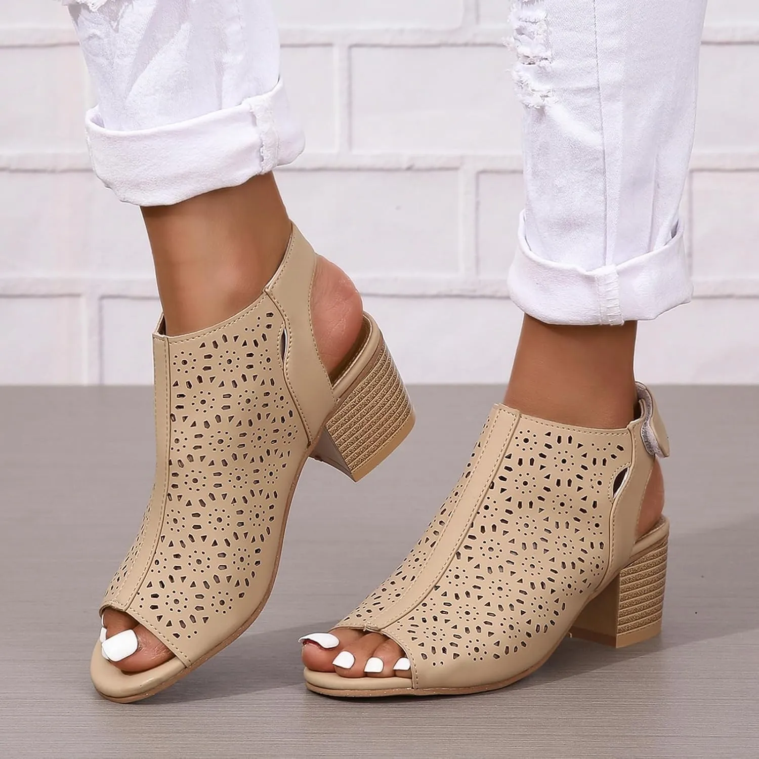 Womens Heeled Cutout Booties Summer Peep Toe Ankle Strap Chunky Heel Sandals Fashion Mid Block Heel Sandals for Women