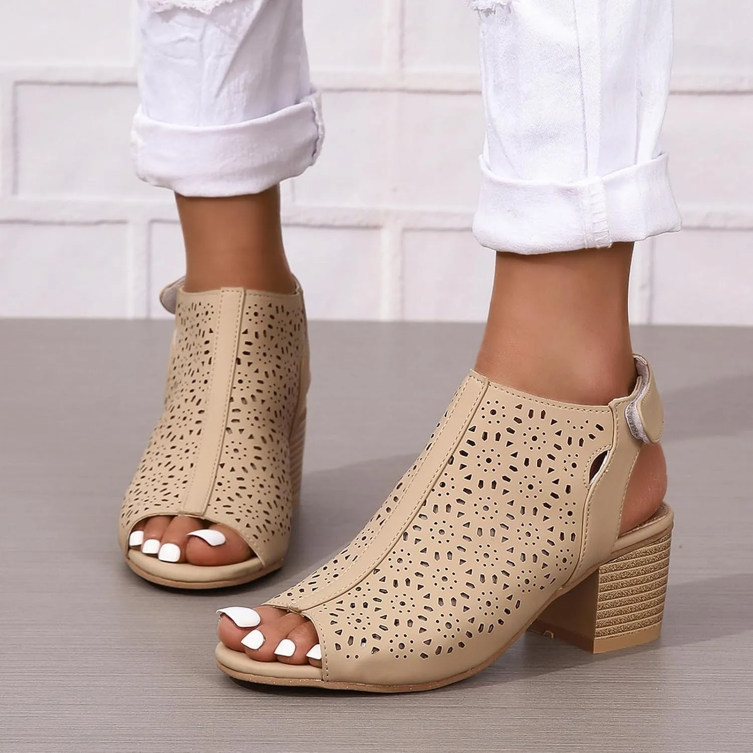 Womens Heeled Cutout Booties Summer Peep Toe Ankle Strap Chunky Heel Sandals Fashion Mid Block Heel Sandals for Women