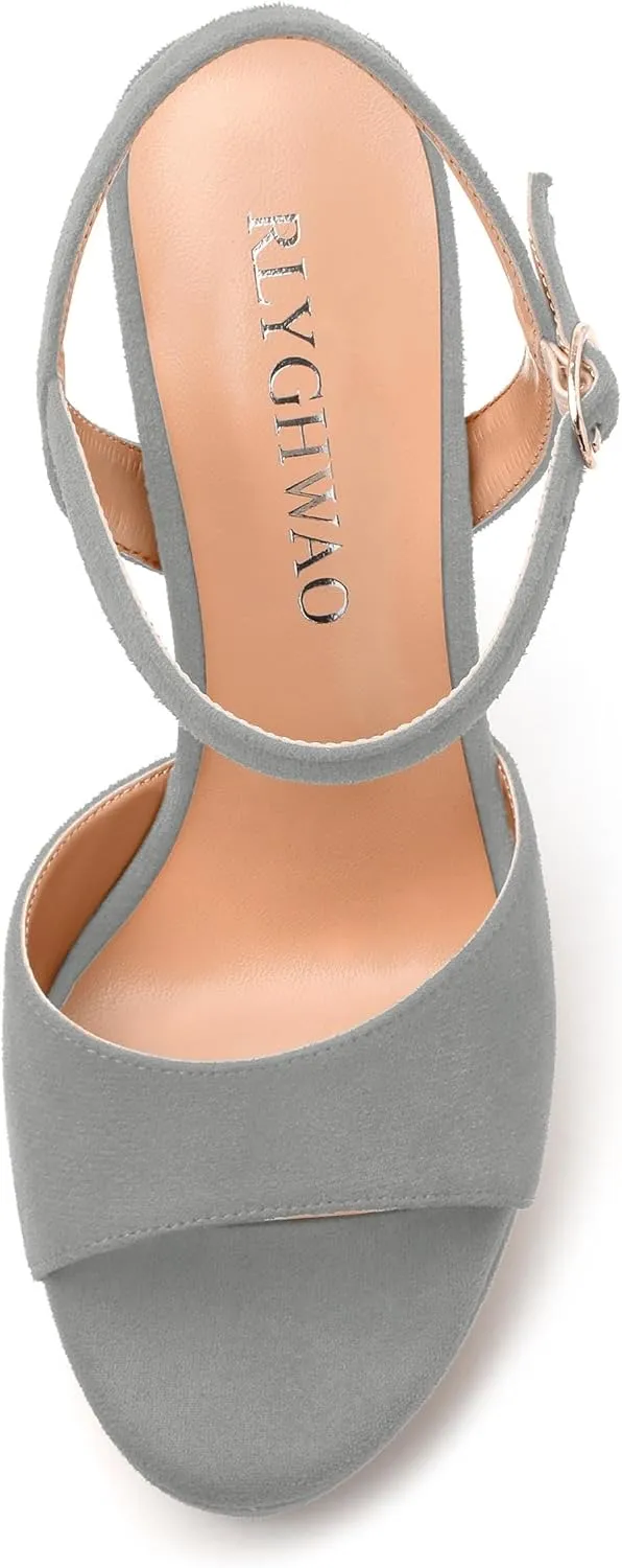 Women's Heeled Sandals, Buckle Ankle Strap Platform High Heels, Round Open Toe Fashion Suede Wedding Working Partying Shoes for Women