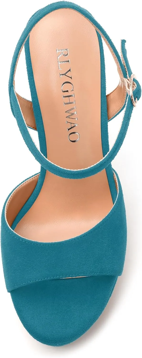 Women's Heeled Sandals, Buckle Ankle Strap Platform High Heels, Round Open Toe Fashion Suede Wedding Working Partying Shoes for Women
