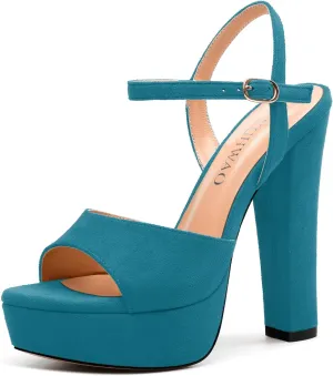 Women's Heeled Sandals, Buckle Ankle Strap Platform High Heels, Round Open Toe Fashion Suede Wedding Working Partying Shoes for Women