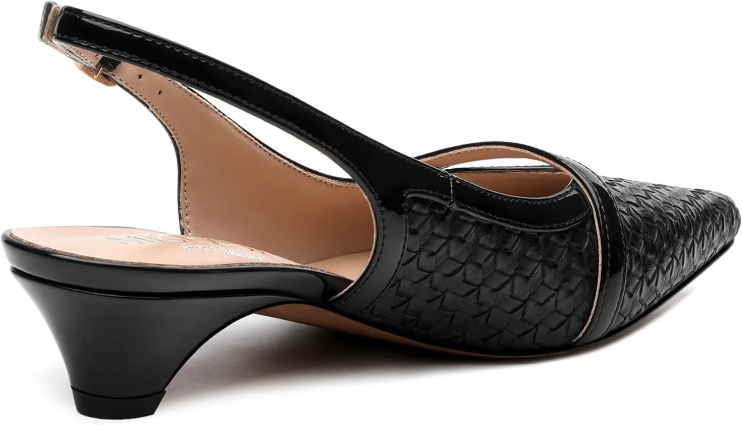Womens Heeled Slingback Pumps, Pointed Toe Low Thick Kitten Heel Slingback Shoes for Women, Embossed Woven Shoes with Pearl Decoration 1.2"
