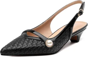 Womens Heeled Slingback Pumps, Pointed Toe Low Thick Kitten Heel Slingback Shoes for Women, Embossed Woven Shoes with Pearl Decoration 1.2"
