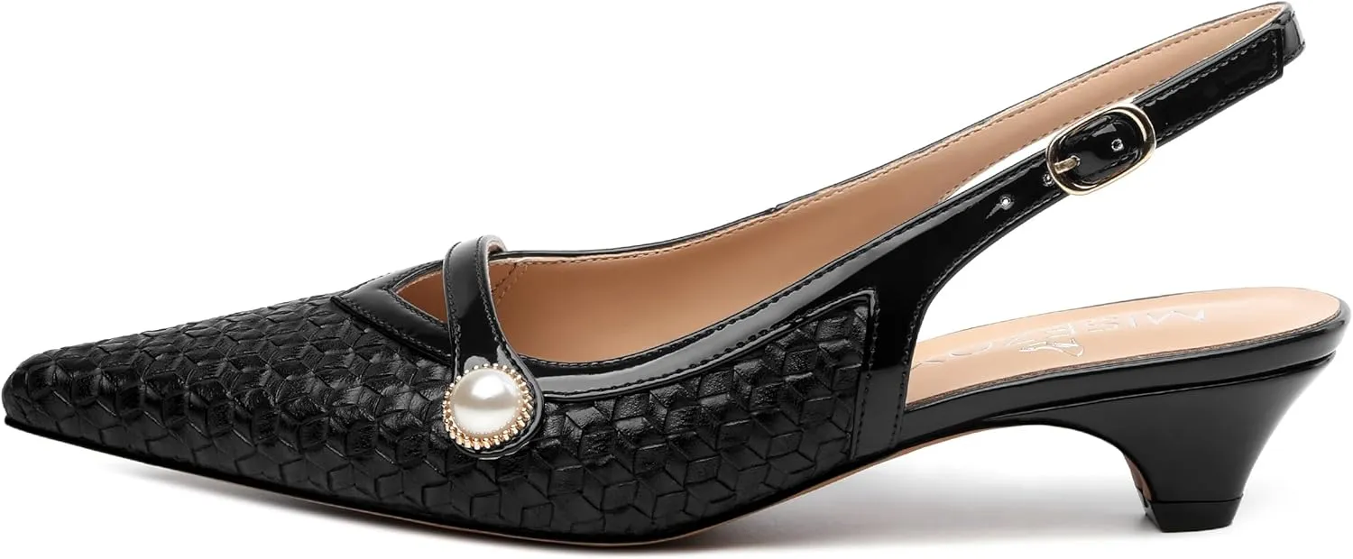 Womens Heeled Slingback Pumps, Pointed Toe Low Thick Kitten Heel Slingback Shoes for Women, Embossed Woven Shoes with Pearl Decoration 1.2"