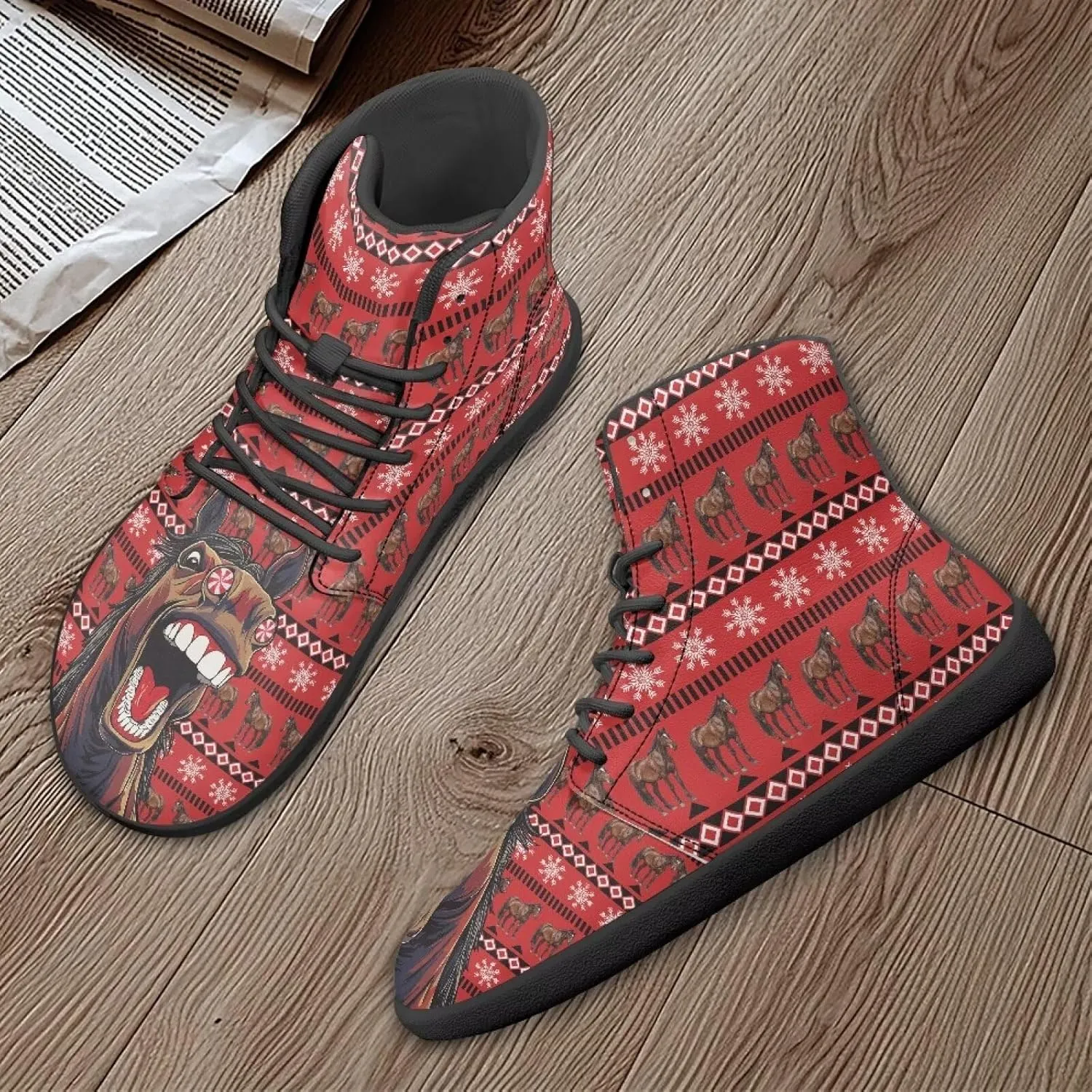 Women's High Top Sneakers Lace Up PU Leather Shoes with Flat Soles and Bandage, Fashionable Walking Shoes