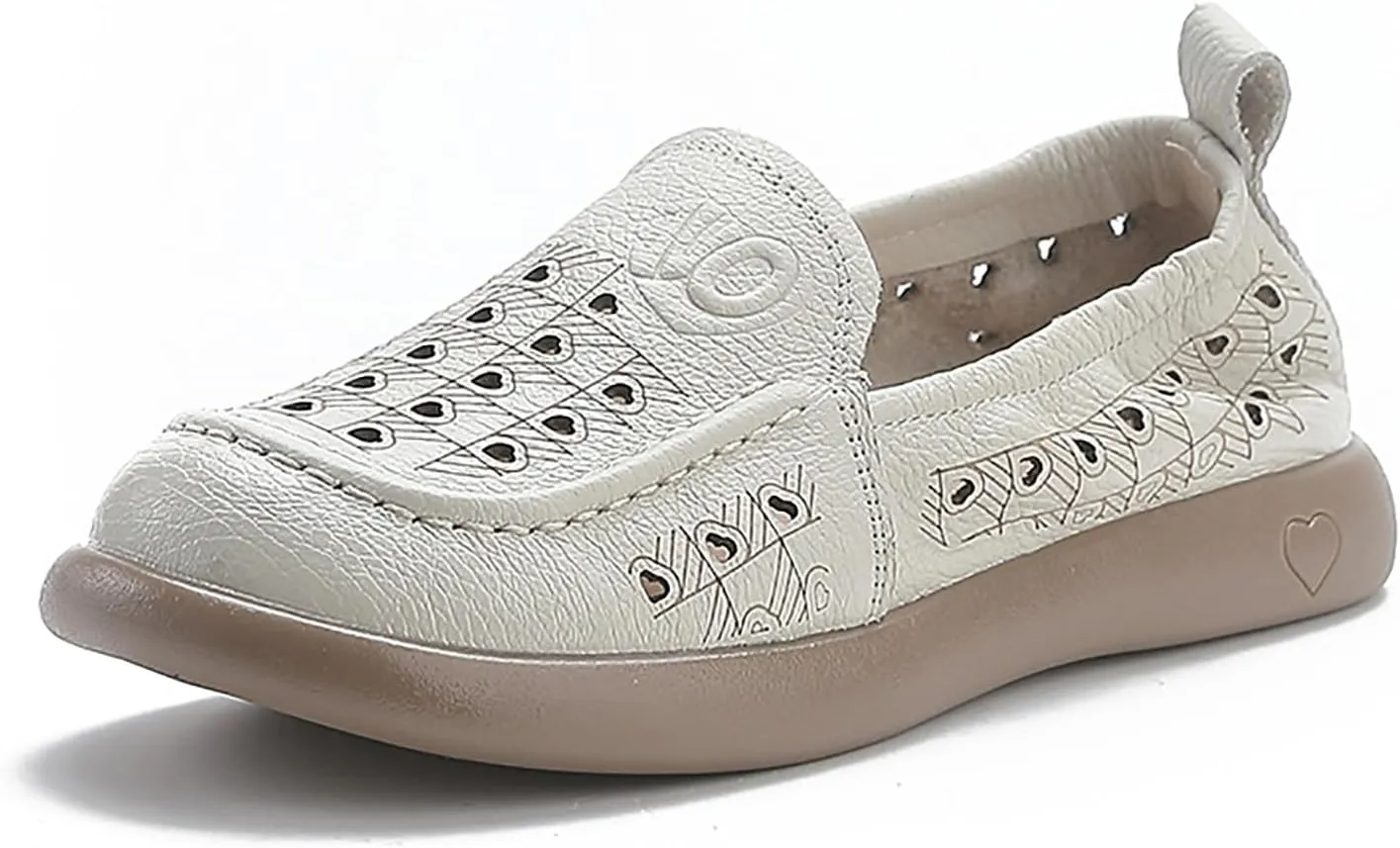 Women's Hollow Leather Soft Sole Loafers,Breathable Comfort Slip On Non-Slip Oxford Softsole Mom Walking Shoes Outdoor Moccasins Low Top Casual Sneakers