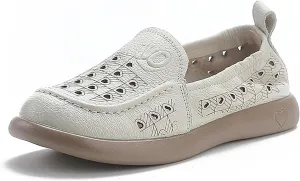 Women's Hollow Leather Soft Sole Loafers,Breathable Comfort Slip On Non-Slip Oxford Softsole Mom Walking Shoes Outdoor Moccasins Low Top Casual Sneakers