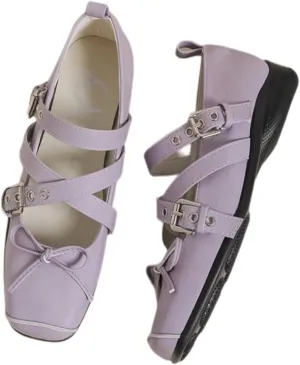 Women's Kawaii Retro Cross-Strap Mary Jane Flats Lolita Bowknot Purple Square-Toe Ballet Comfort Elegant Casual Shoes