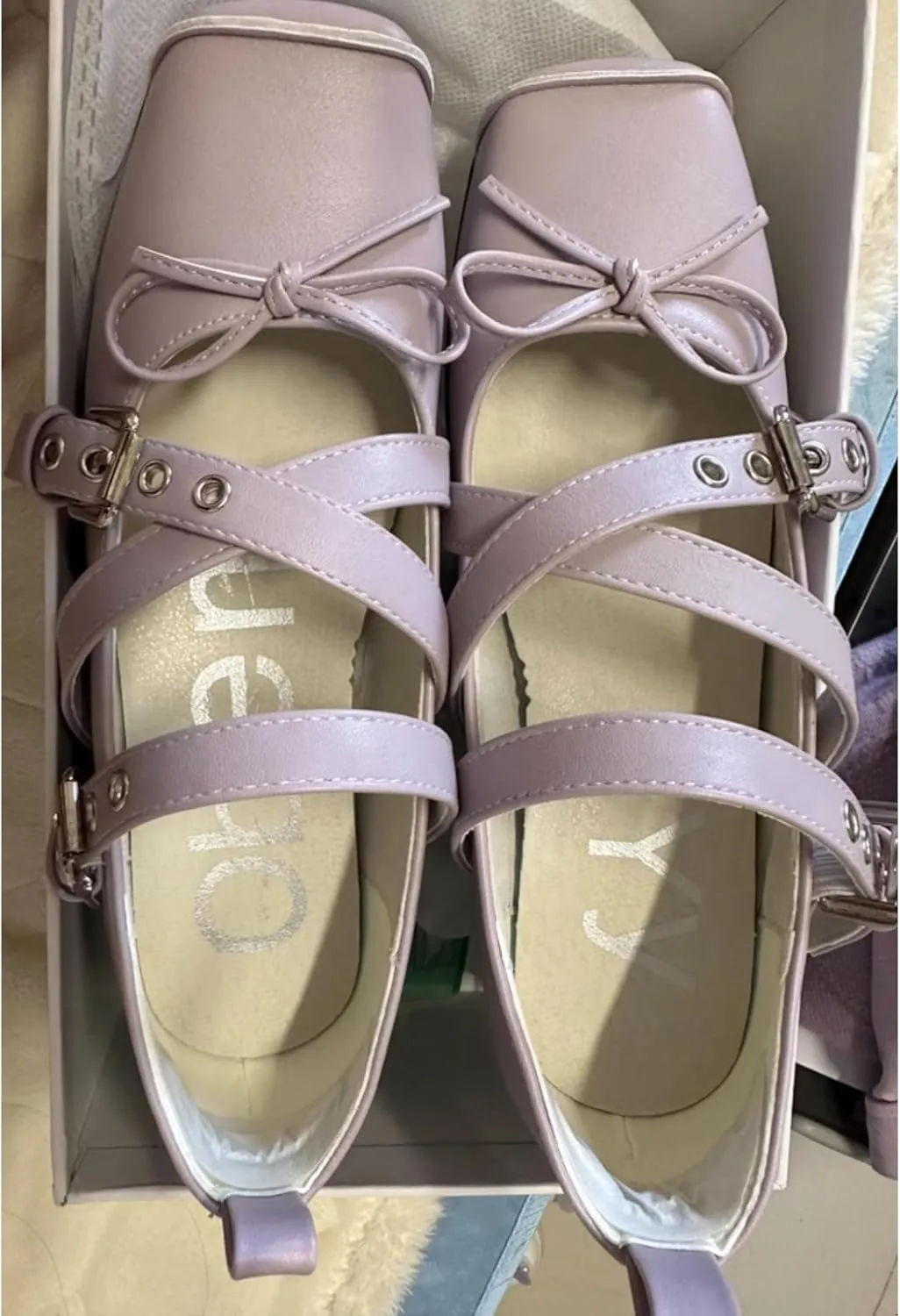 Women's Kawaii Retro Cross-Strap Mary Jane Flats Lolita Bowknot Purple Square-Toe Ballet Comfort Elegant Casual Shoes