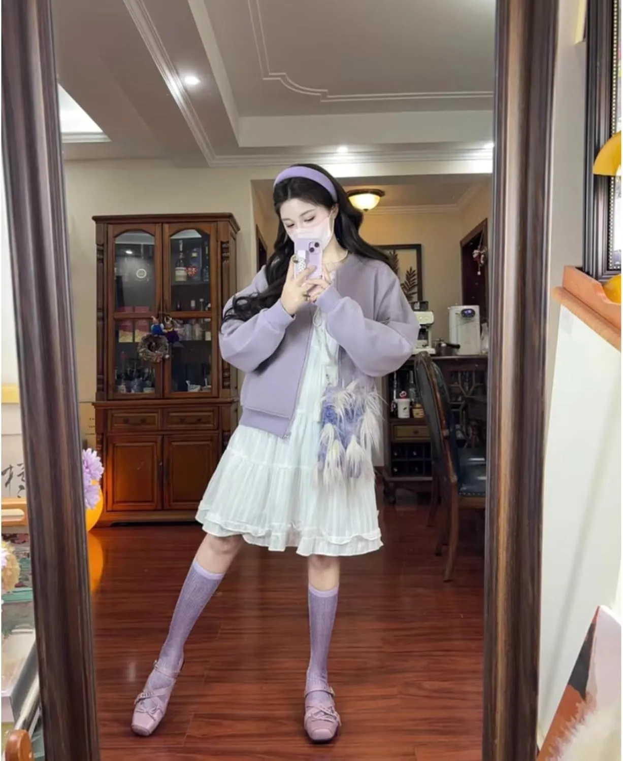 Women's Kawaii Retro Cross-Strap Mary Jane Flats Lolita Bowknot Purple Square-Toe Ballet Comfort Elegant Casual Shoes