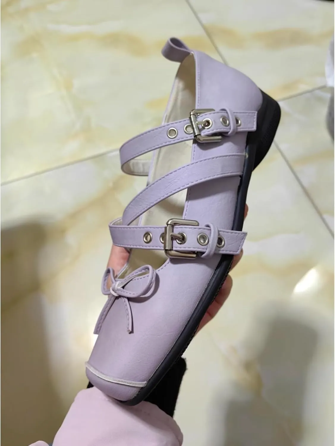 Women's Kawaii Retro Cross-Strap Mary Jane Flats Lolita Bowknot Purple Square-Toe Ballet Comfort Elegant Casual Shoes