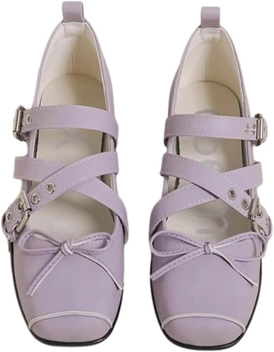 Women's Kawaii Retro Cross-Strap Mary Jane Flats Lolita Bowknot Purple Square-Toe Ballet Comfort Elegant Casual Shoes