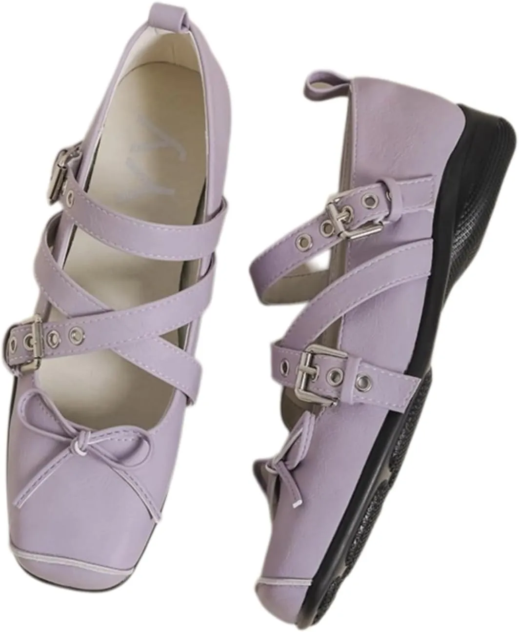 Women's Kawaii Retro Cross-Strap Mary Jane Flats Lolita Bowknot Purple Square-Toe Ballet Comfort Elegant Casual Shoes