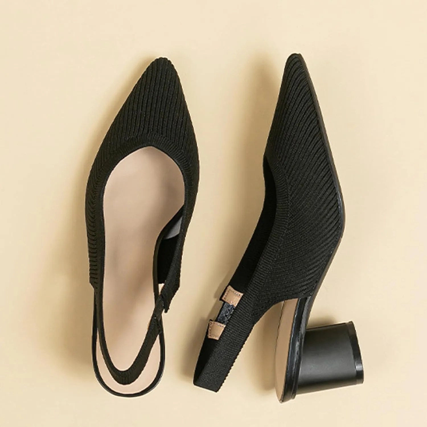 Women's Knitted Pointed Toe Slingback Heels Pumps,Comfortable Elastic Band Chunky Heel Sandals Low Heel Slip On Casual Work Office Dress Shoes