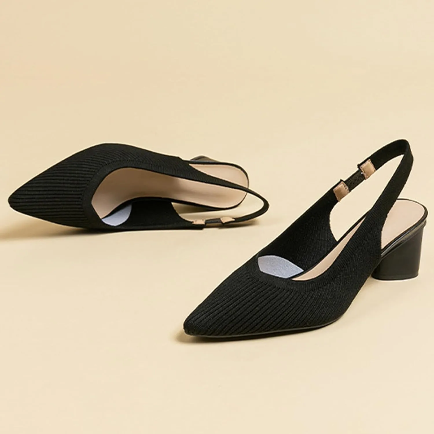 Women's Knitted Pointed Toe Slingback Heels Pumps,Comfortable Elastic Band Chunky Heel Sandals Low Heel Slip On Casual Work Office Dress Shoes
