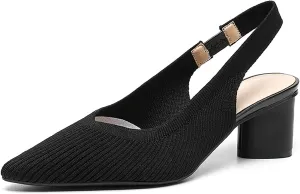 Women's Knitted Pointed Toe Slingback Heels Pumps,Comfortable Elastic Band Chunky Heel Sandals Low Heel Slip On Casual Work Office Dress Shoes