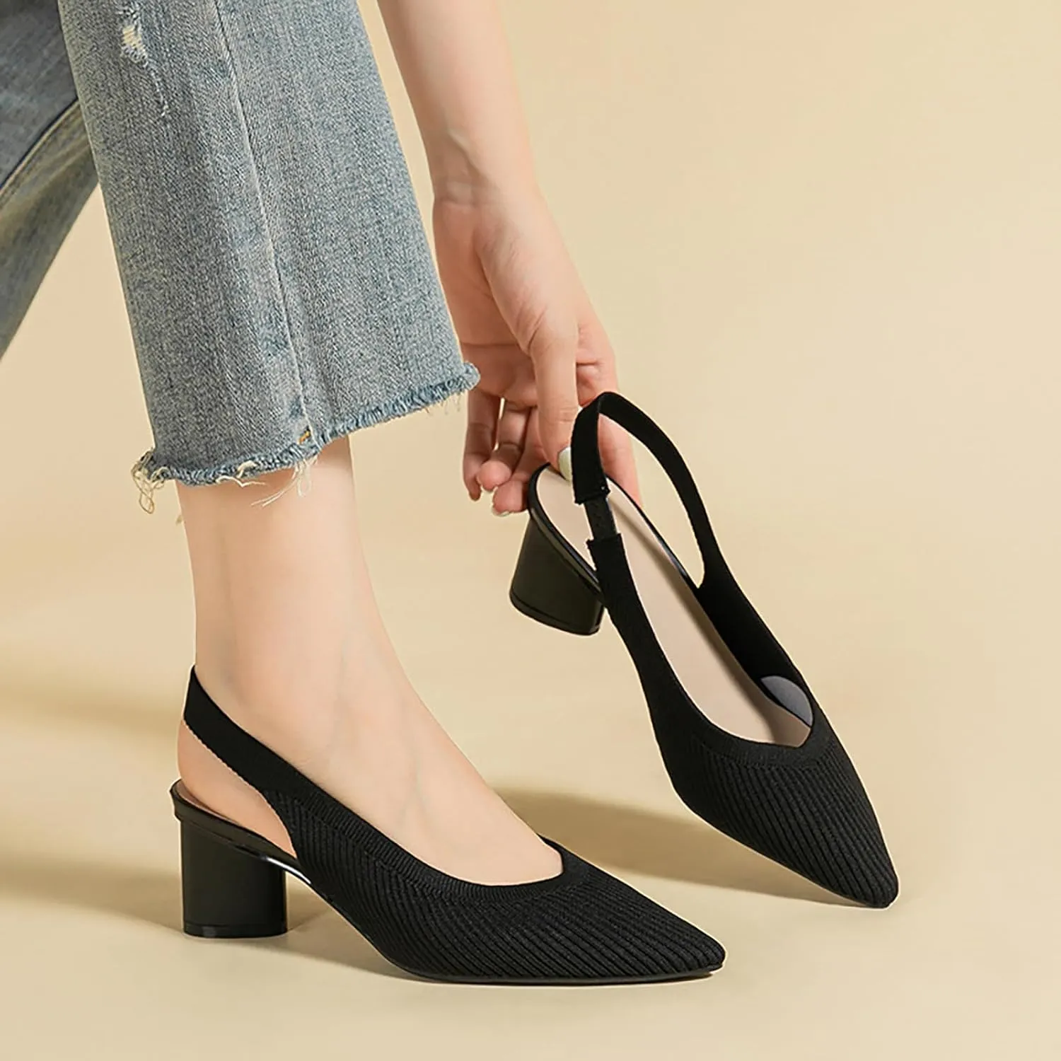 Women's Knitted Pointed Toe Slingback Heels Pumps,Comfortable Elastic Band Chunky Heel Sandals Low Heel Slip On Casual Work Office Dress Shoes