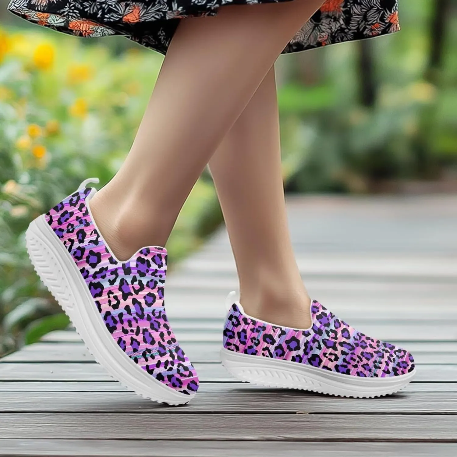 Women‘s Leopard Print Platform Loafers Lightweight Mesh Shoes Walking Jogging Sneakers Anti Skid