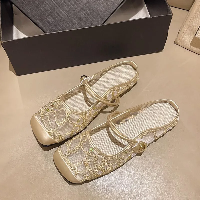 Women's mesh yarn 2025 Muller flat-bottomed sandals summer new bag head slippers women wear Xiaoxiangfeng bag head half slippers
